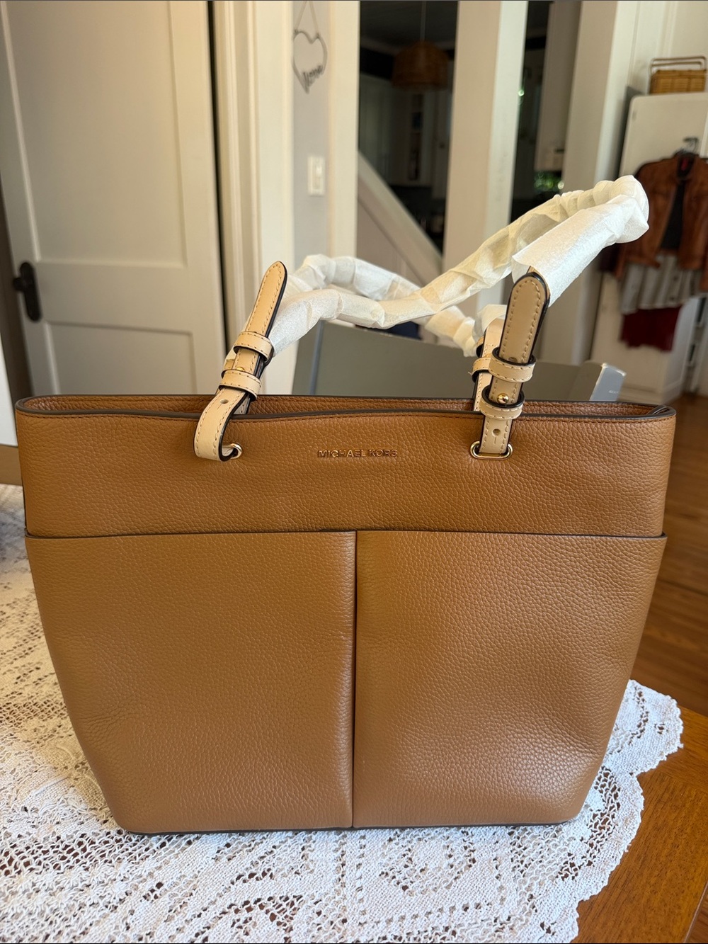 Michael Kors Caramel Pebbled Leather Tote with Cream Handles